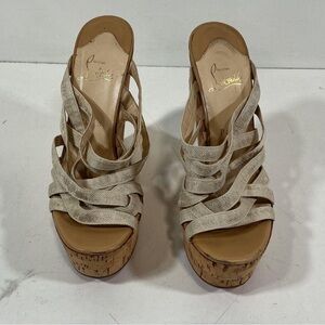 Christian Louboutin Corniche Cork Beige Woven Platform Wedge Sandals Size 40.5